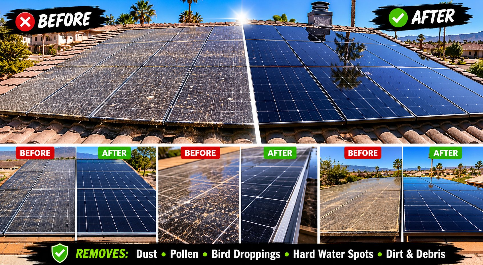 Solar panel cleaning before and after